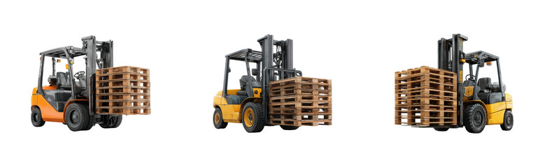 Forklift operations handling wooden pallets warehouse industrial indoor action concept cut out set png