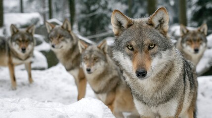 Fototapeta premium Pack of wolves standing in snow covered forest looking at the viewer.