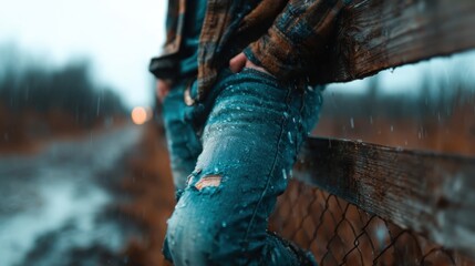 A young man leans against a rustic wooden fence, showcasing his stylish attire while raindrops fall around him, capturing a peaceful yet moody atmosphere in nature.