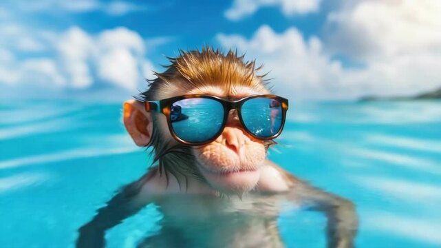 Monkey wearing sunglasses in tropical ocean with blue sky and clouds
