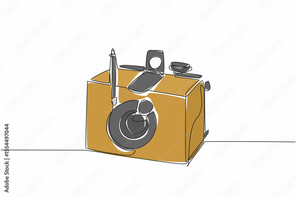 Aufkleber single one line drawing pinhole camera made of wood. a simple camera that does not have lens. shooti