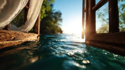 Fototapeta premium Sunlight pours in through a rustic window, illuminating the serene waters outside, creating a tranquil atmosphere that embodies peace and natural beauty in this setting.
