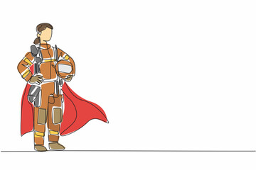Single continuous line drawing female firefighter in full uniform and wings holding waist. Have the same ability as men. Skilled worker. National Superhero Day. One line design vector illustration