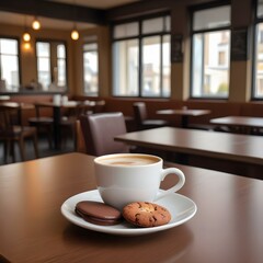 A hot cup of tasty coffee with a bunch of cookies served on a table