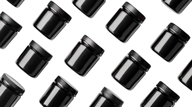 Black jar containers arranged in a geometric pattern on a black background.  Many glossy, dark black cylindrical jars with matching lids are scattered across the image, creating a grid-like effect