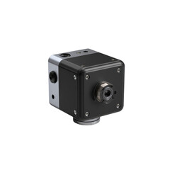 Compact cube-shaped device with matte black body and round lens