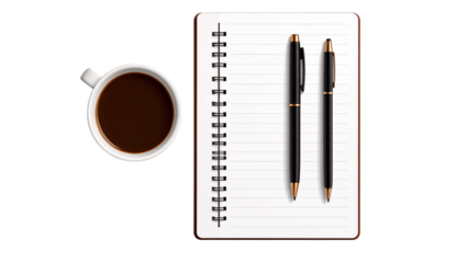 Business workspace with notebook, pen, and coffee cup on a brown office desk