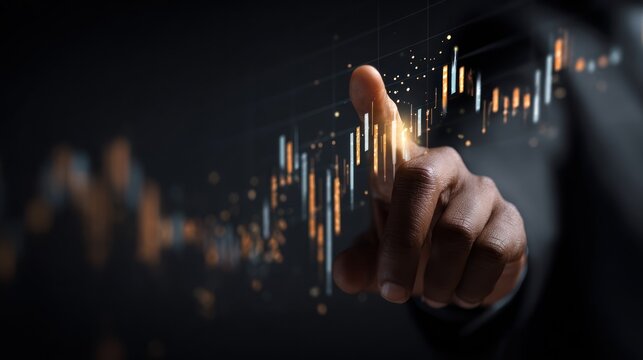 Hand touches a digital stock market chart showing upward trend in dark setting.