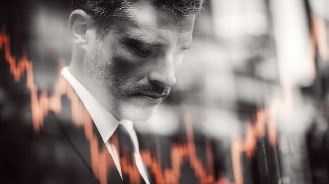 Man in suit with downward trending red graph overlay suggesting financial loss.