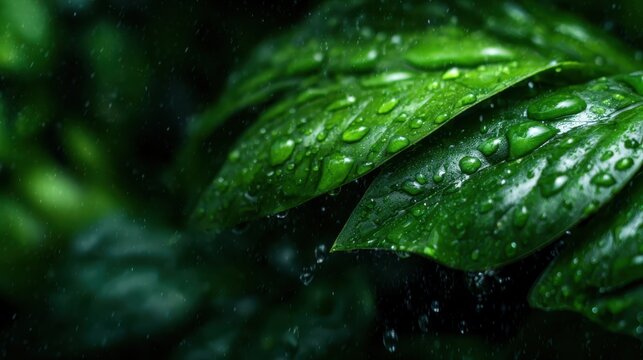 Captivating close-up of vibrant green leaves adorned with glistening water droplets, illustrating nature's beauty and freshness in a serene environment.