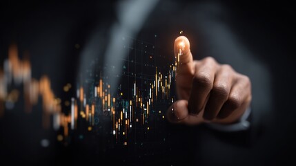Man in suit touches glowing data or energy stream with his finger.