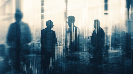 Blurred figures in suits stand in a bright room or office setting.