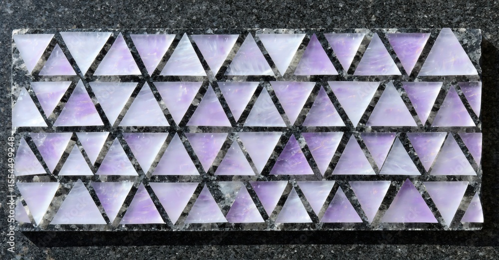 Poster Mosaic artwork features triangular amethyst pieces set within dark stone matrix. Geometric pattern creates textured visual effect.