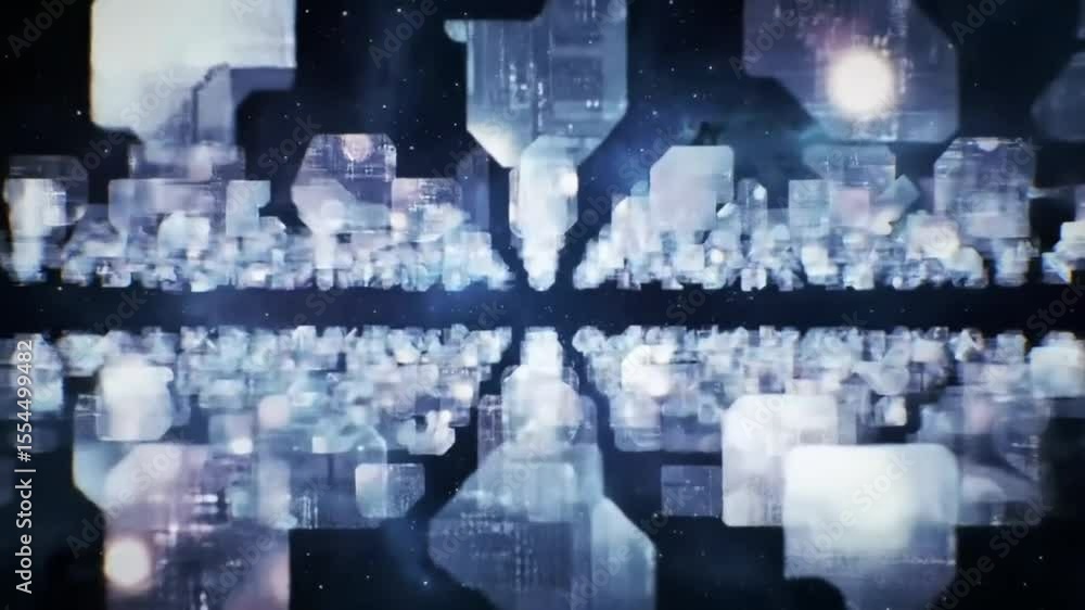 Poster abstract digital cityscape futuristic glowing blocks and data streams