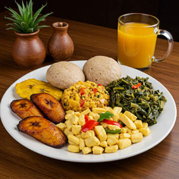 Traditional jamaican ackee and saltfish breakfast with fried plantains and callaloo