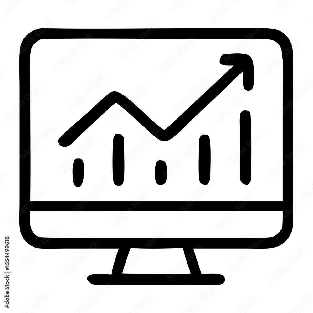 Poster simple outline handdrawn growing graph on monitor screen shape icon