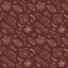 Seamless Pattern of Indian Spices Outline