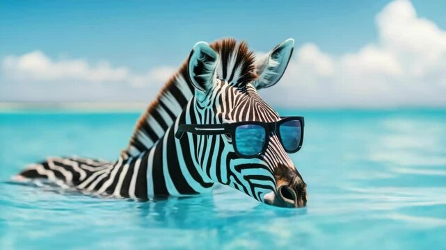 Zebra wearing sunglasses relaxing in bright blue pool water