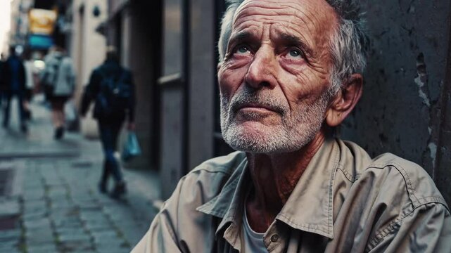 Elderly homeless man sitting in alley with thoughtful expression, highlighting poverty, social inequality, loneliness, economic hardship, mental health struggles, aging, and homelessness crisis