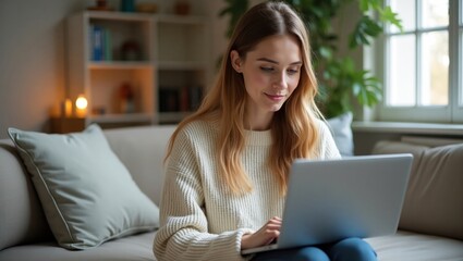 a young woman working on a laptop at home