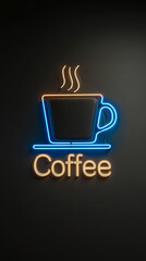 Neon sign in the form of a cup and Coffee inscription, glowing in the dark for cafe decor and atmosphere