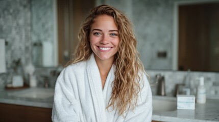 A cheerful woman with beautiful curls smiles warmly while wrapped in a plush bathrobe, embodying comfort and self-care in a stylish, contemporary bathroom environment.