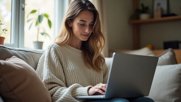 a young woman working on a laptop at home