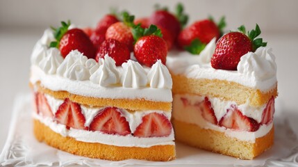 Strawberry shortcake with whipped cream and sliced strawberries on a white surface.