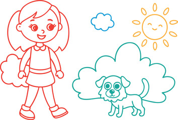 Girl and Dog Outline, Cute Cartoon Vector, Child and Pet Illustration, Friendship Drawing, Hand-Drawn Kids Art, Transparent Background