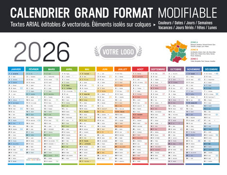 Calendrier Français 2026 modifiable, grand format France, éléments isolés sur calques, textes en Arial, éditables et vectorisés