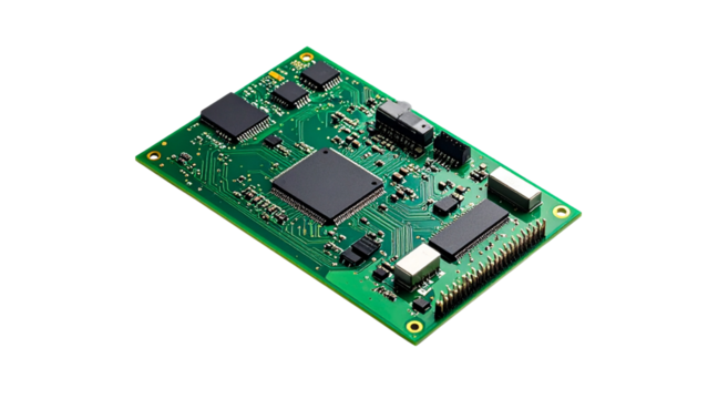 An isolated computer memory module with green electronic chips on a circuit board, a vital digital PC hardware component