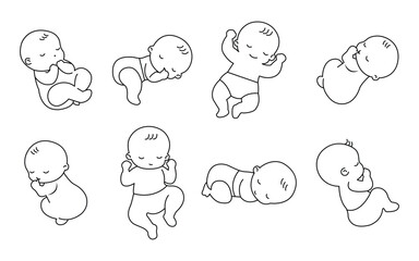 Sleeping baby icon set in line style. Outline icon set of baby sleeping peacefully. new born baby sleep vector icon. cute baby sleep.