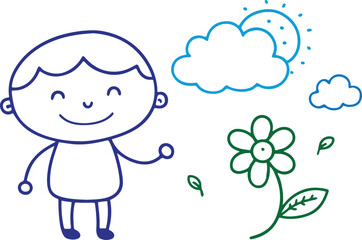 Child with Flower Vector | Stick Figure Kid, Sun, Cloud, Nature, Playful Drawing, Happy Boy