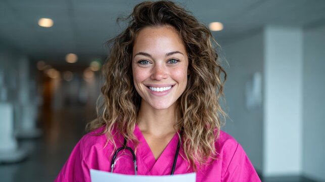 A cheerful healthcare worker with curly hair, in bright pink scrubs, holding a medical chart, embodying dedication and compassion in a modern healthcare environment. - Powered by Adobe