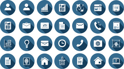 Collection of Business and Technology Icons in Flat Design Style with Shadows