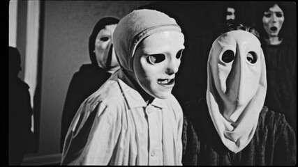 Black-and-white Halloween scene with eerie masked costumes, vintage spooky atmosphere, evoking old horror folklore, childhood dress-up tradition, haunting aesthetics, and ghostly October celebrations