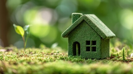 Small green house model on moss with a plant sprout in background.