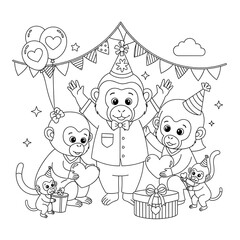 Obraz premium Happy monkey family celebrating with gifts and balloons isolated on transparent background
