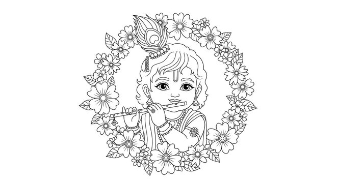 krishna playing flute surrounded by flowers clip art preview