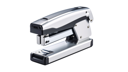 Black office stapler with metal staples, isolated on white for business supplies