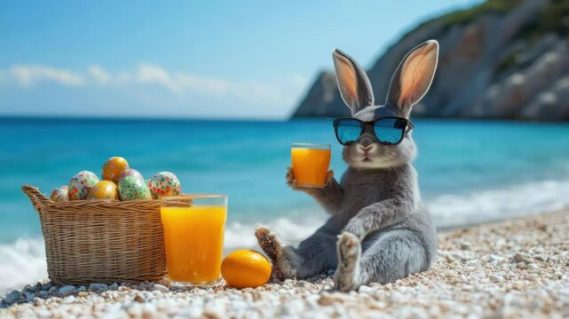 Rabbit enjoying orange juice on beach with easter eggs and sunglasses. Easter, Pascha, Paskha, Ostern, Pascua, Paques - Orthodox and Catholic Holiday celebration