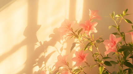 Illustration of pink flowers highlighted by sunlight on soft cream background. Abstract floral background with empty space.