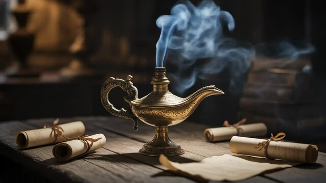 Mysterious golden genie lamp with smoke and scrolls on wooden table for fantasy themed projects and design