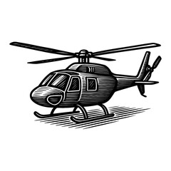 Modern Helicopter Side View Black and White Outline Line Art Drawing Vintage Engraved Style Air Transport