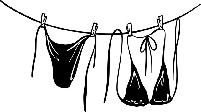 Hanging on the rope summer beach bikini linocut doodle illustration. Drying swimsuit silhouette. Bra and panties underwear laundry on the clothesline. Summer beach vacation doodle design element