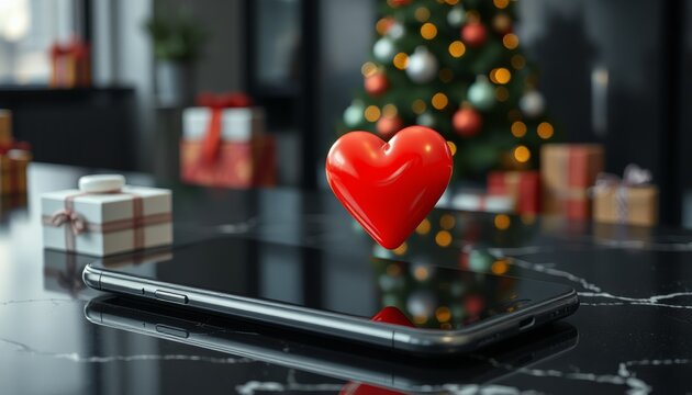 검은색 스마트폰 화면에 놓인 빨간 하트 모양의 선물 상자, 크리스마스 트리와 선물들이 배경에 희미하게 보인다.