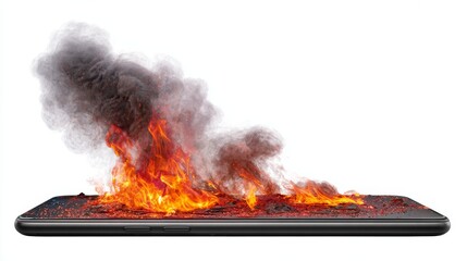 Hyper-realistic mobile phone on fire with smoke rising from the bottom, lying flat against a white background, showing concept of fire, smoke, burning, overheating, and electronic danger.
