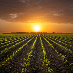 young corn plants on cornfield against sunset.