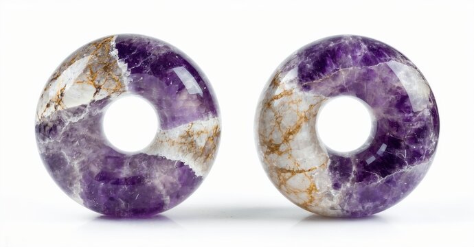 Two amethyst donut shapes rest upon white surface. Purple crystals exhibit golden veining, polished smooth. Minimalist composition.