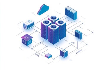 Fototapeta premium Isometric Vector Illustration of Network with Data Center Icons Connected by Lines Featuring Cloud Storage and Server Equipment Symbols on White Background